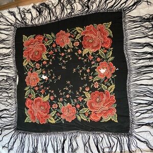 Vintage antique floral silk Black Shawl with fringe
